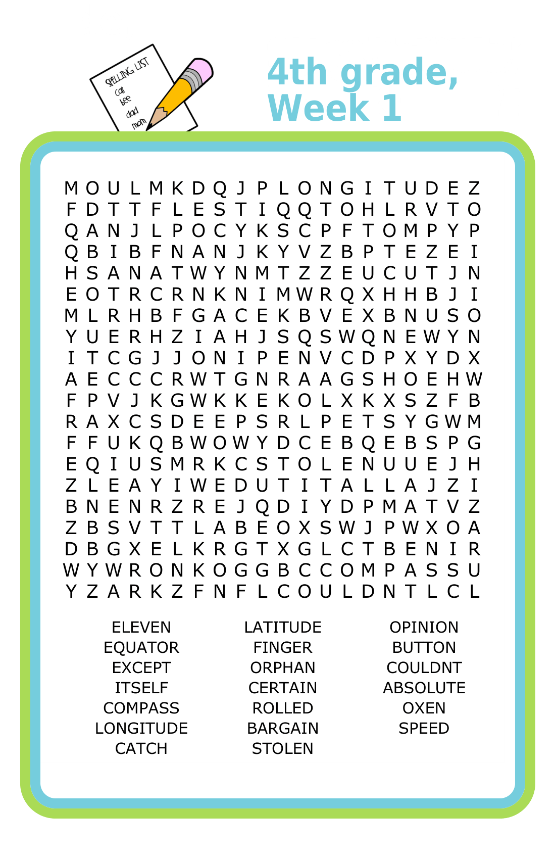 Fourth grade spelling word search puzzle for kids