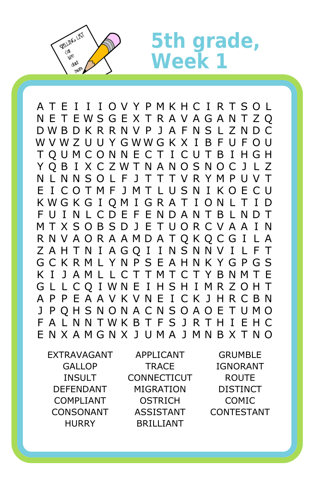 Fifth grade spelling word search puzzle for kids