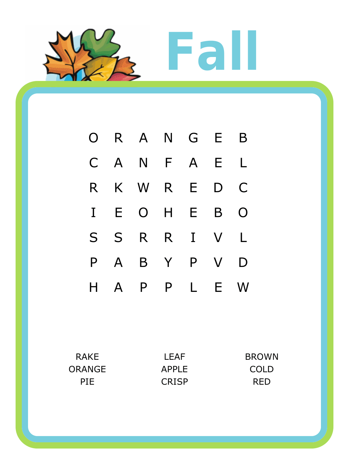 7x7 Fall-themed word search puzzle