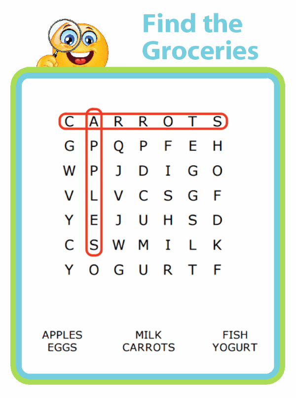 Grocery word search puzzle 9x9 - eggs, milk, yogurt, carrots, fish, apples