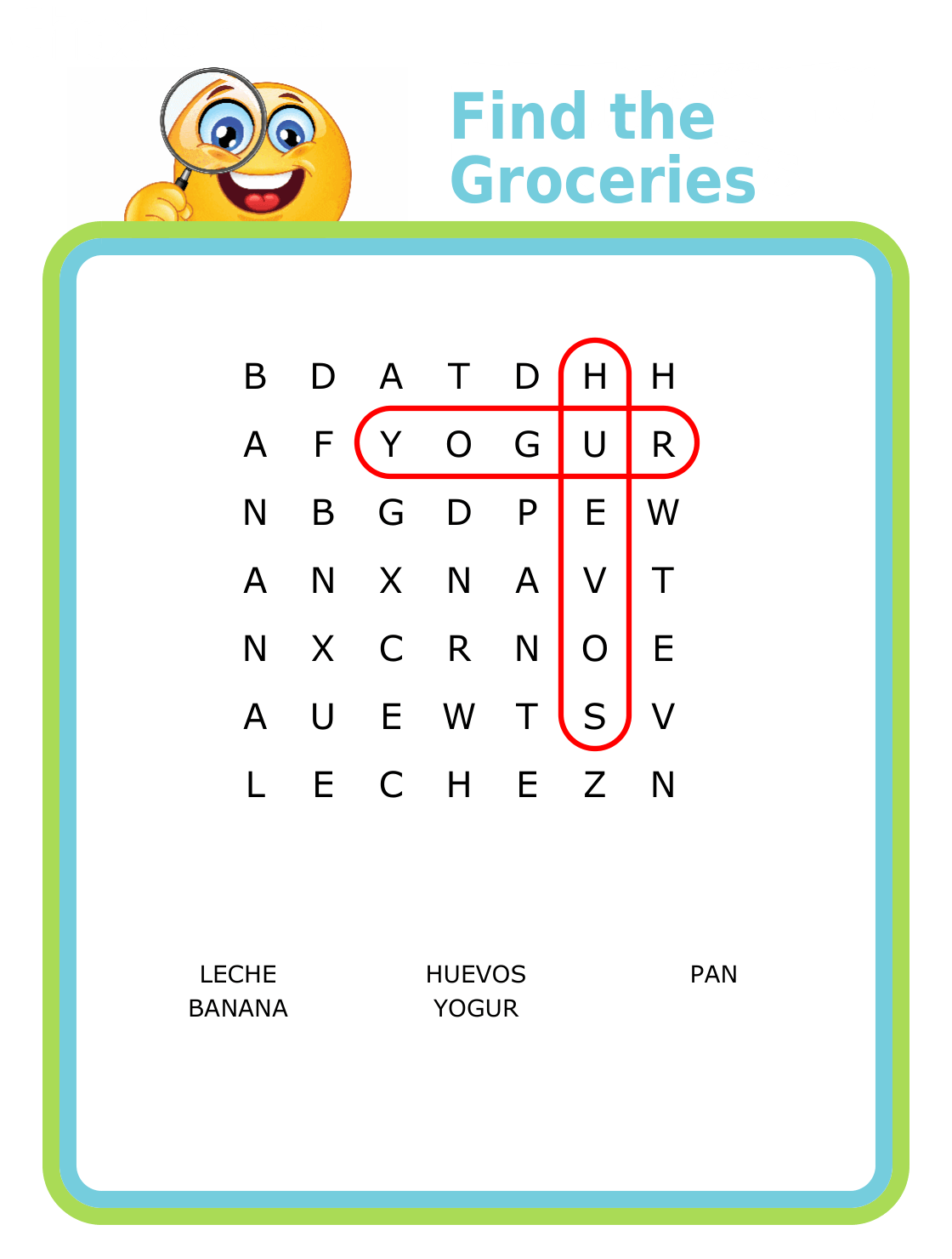 Grocery word search puzzle 9x9 - huevos, leche, yogur, bananas pescado, manzanas