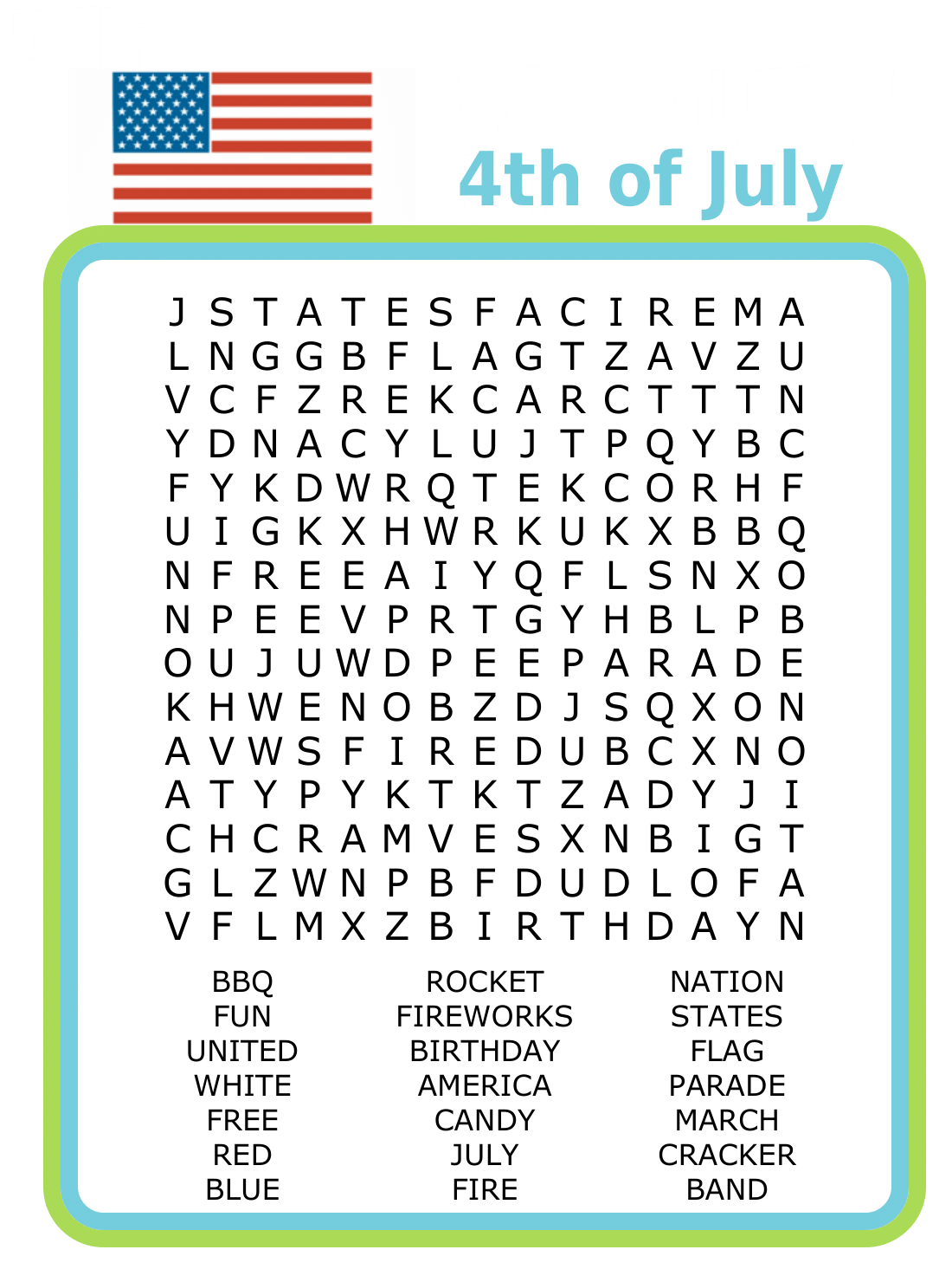 15x15 4th of July word search puzzle