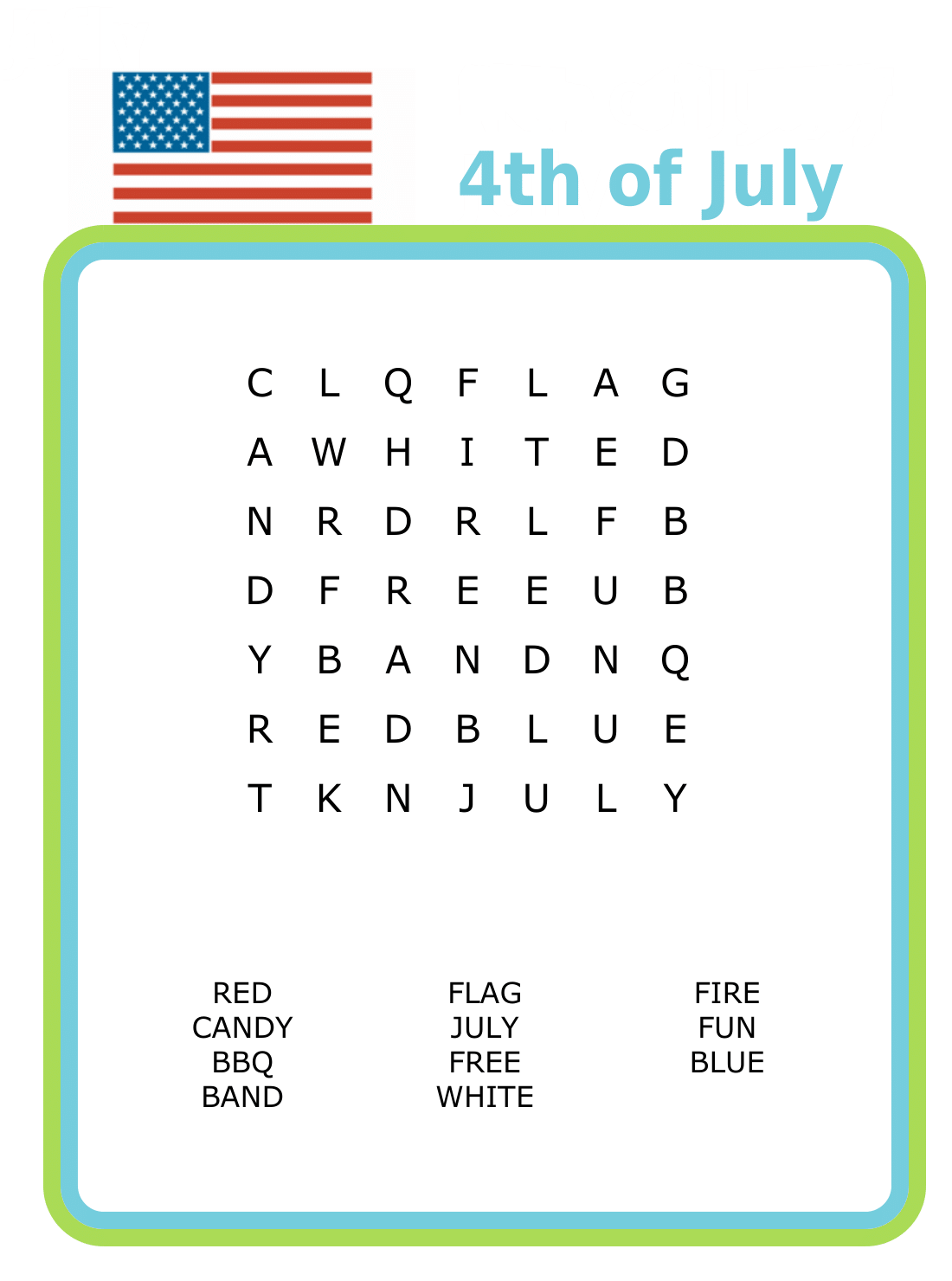 7x7 4th of July word search puzzle