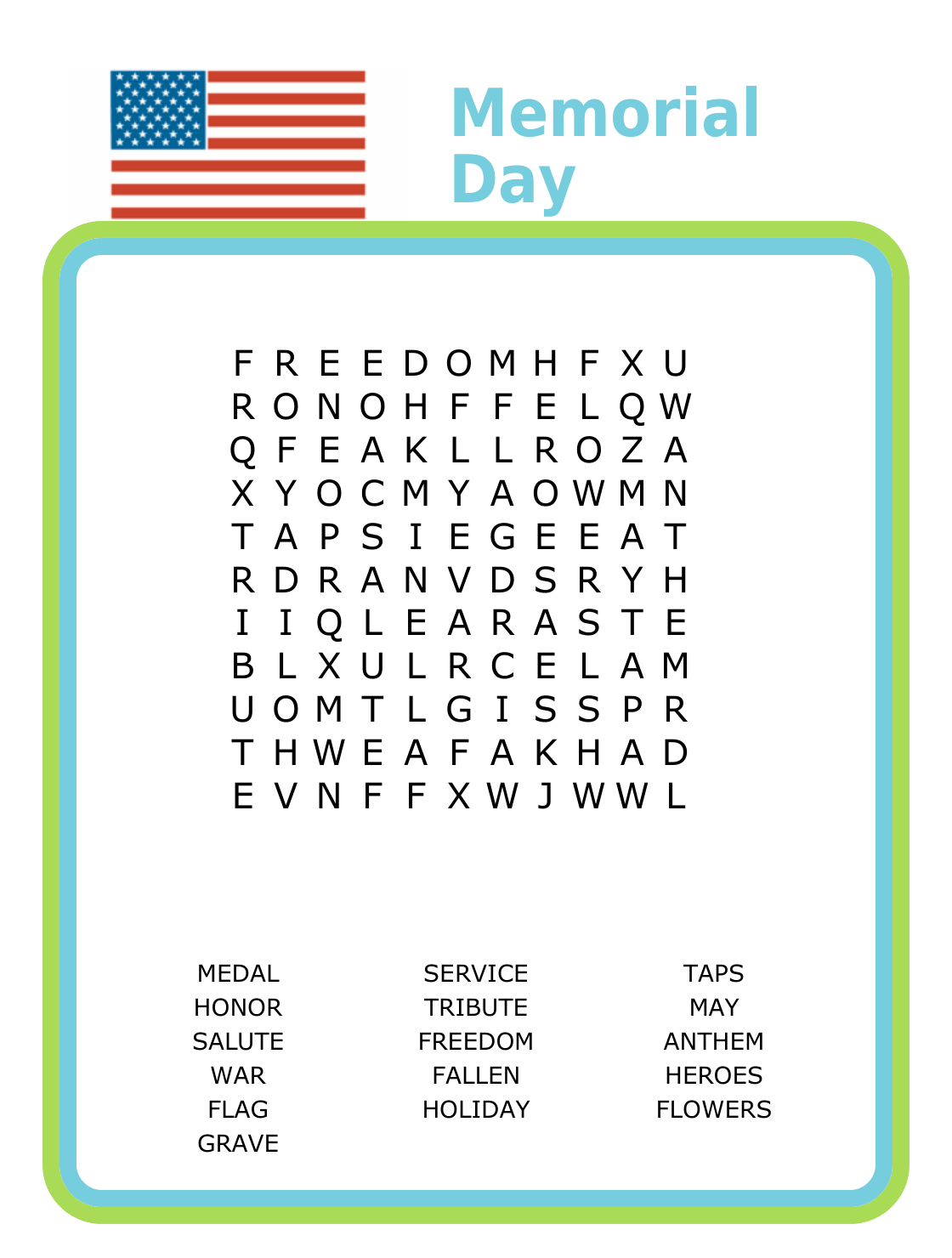 11x11 Memorial Day-themed word search puzzle