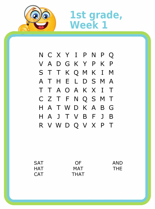 First grade spelling word search puzzle for kids