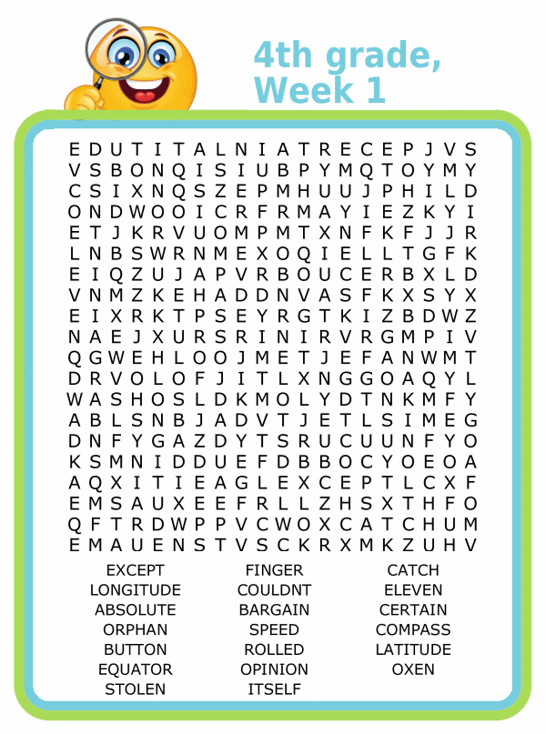 Fourth grade spelling word search puzzle for kids