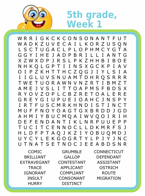 Fifth grade spelling word search puzzle for kids