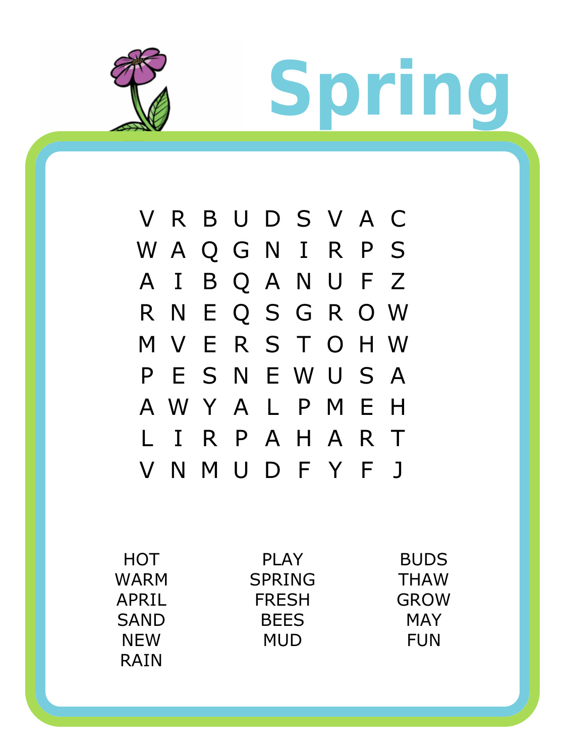 9x9 Spring-themed word search puzzle