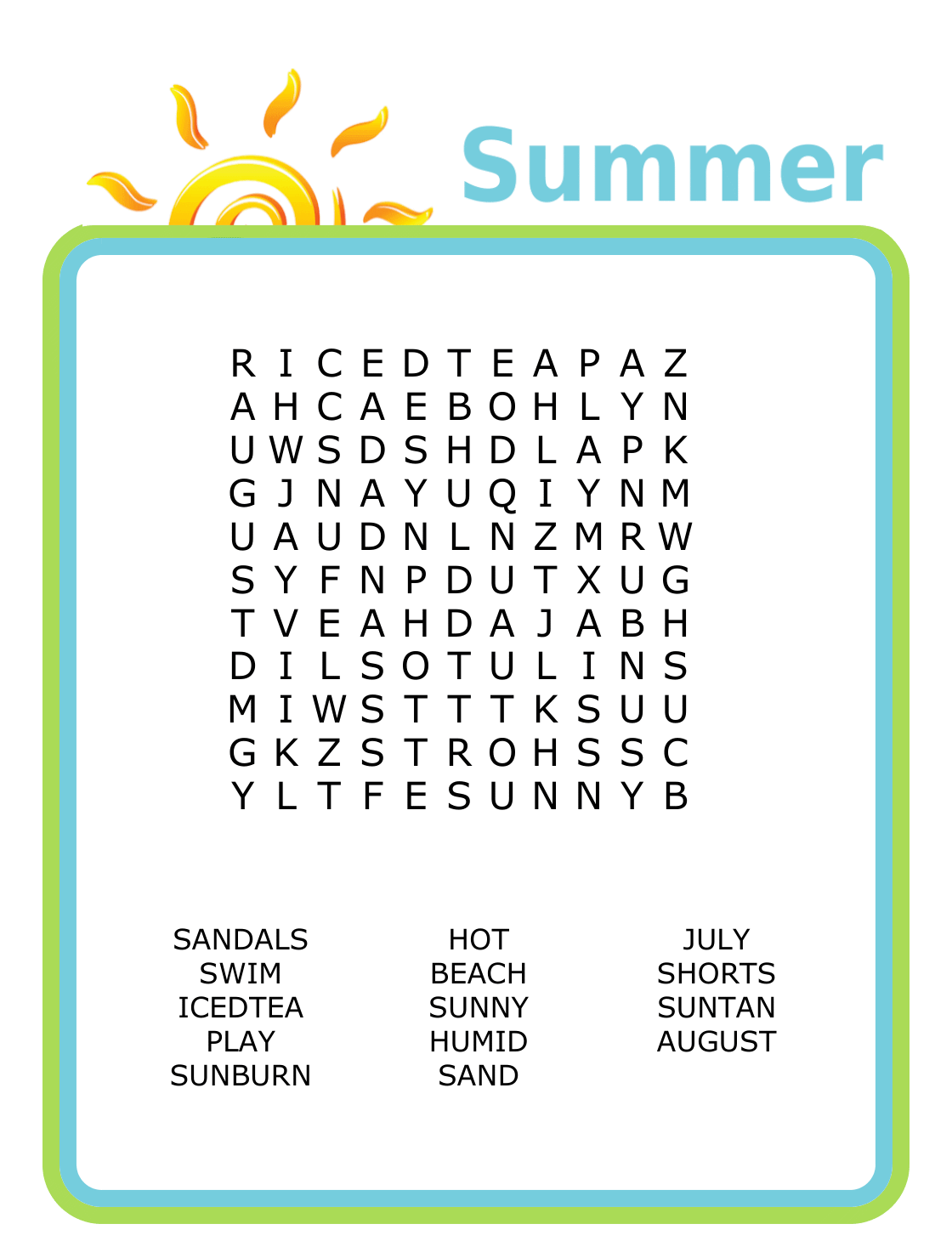 11x11 Summer-themed word search puzzle