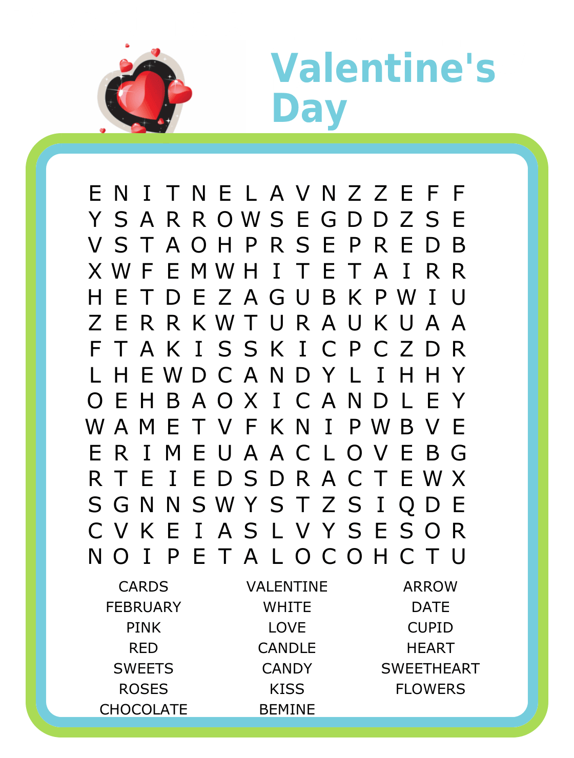 15x15 Valentine's Day word search puzzle