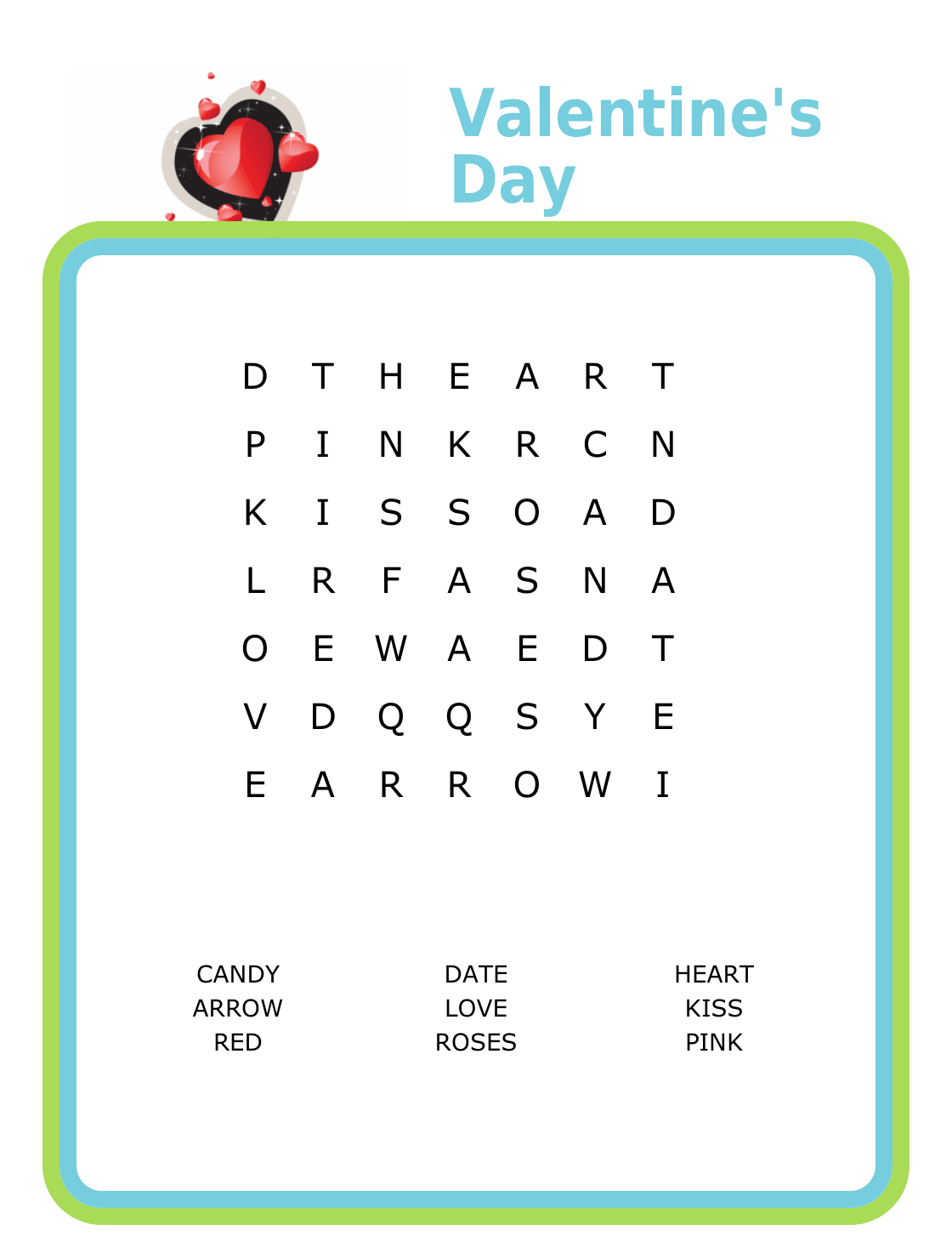 7x7 Valentine's Day word search puzzle