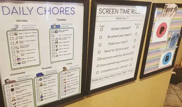 framed cleaning checklists hanging on wall