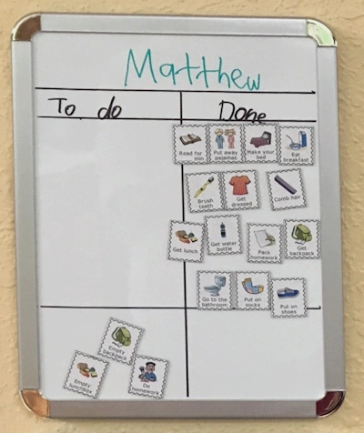 magnetic white board showing Matthew, to do / done columns, and 20 magnets