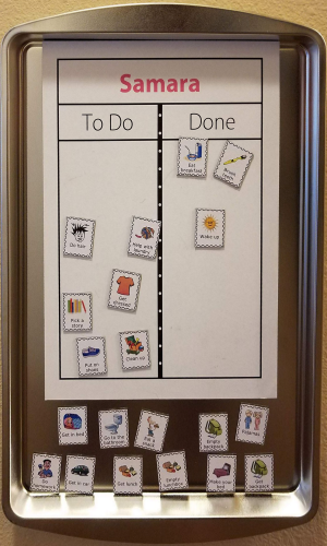 Magnetic checklist with To Do/Done Board on a cookie sheet