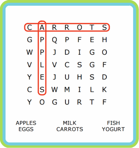 wordsearch puzzle with 2 words circled