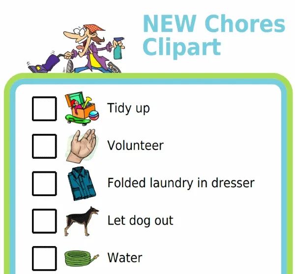 Picture checklist, clipart of woman cleaning, list of tasks