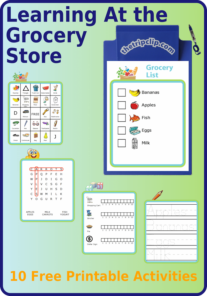 Ten free printable to survive the grocery store, picture list, bingo, word search, more