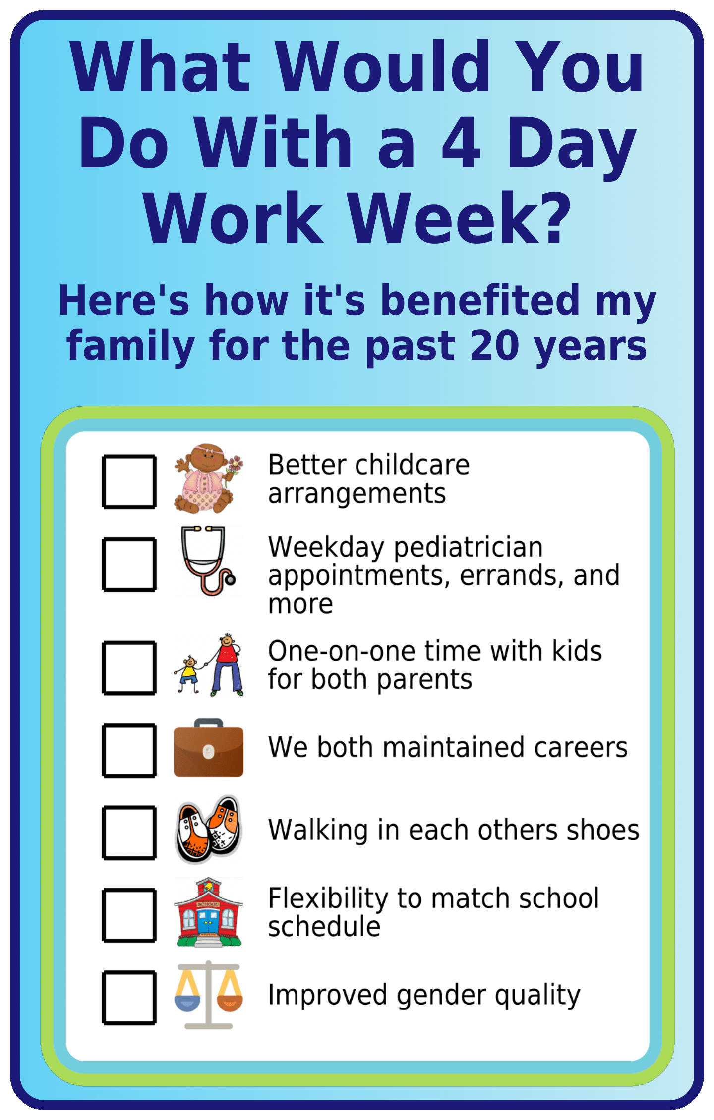 Picture checklist listing the benefits of a 4-day work week