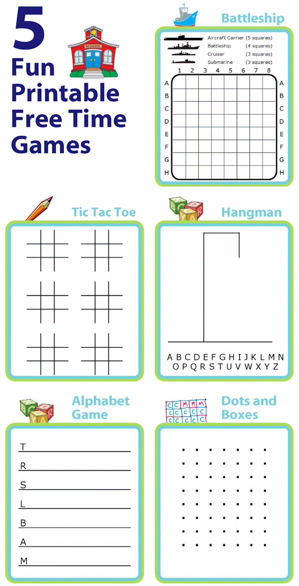 Five games: hangman, tic tac toe, battleship, dots and boxes, alphabet game