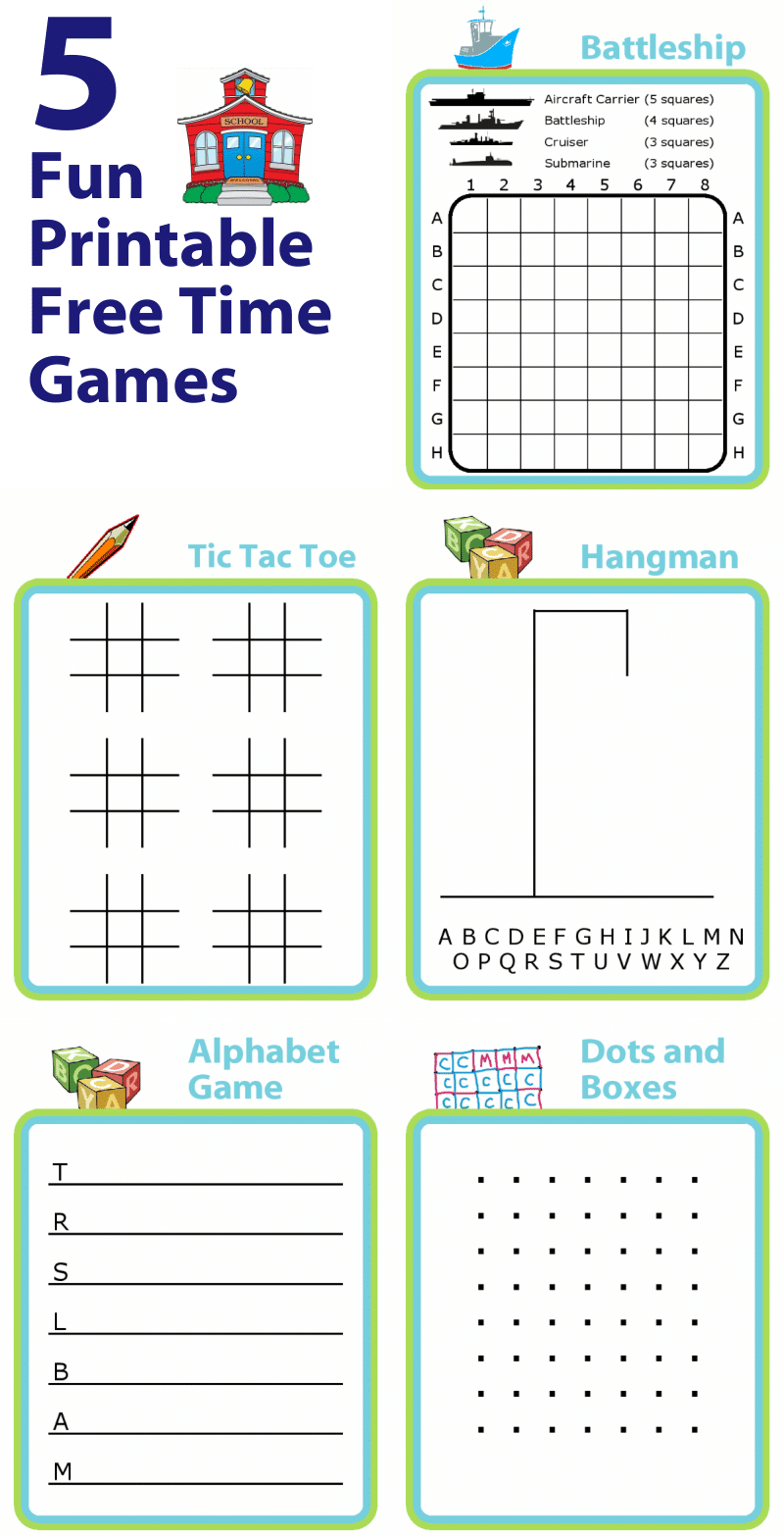 Battleship, tic tac toe, hangman, alphabet game, and dots and boxes printables