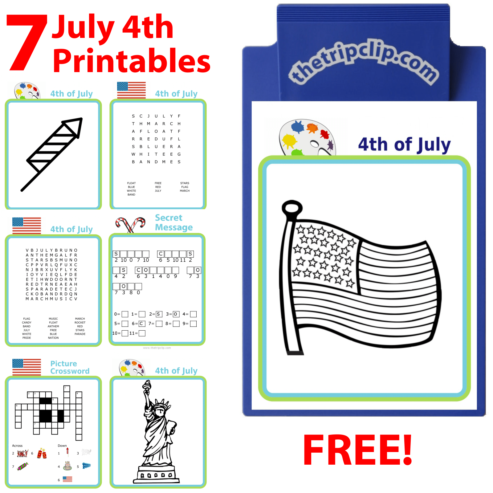 4th of July coloring,word search, and secret message puzzles