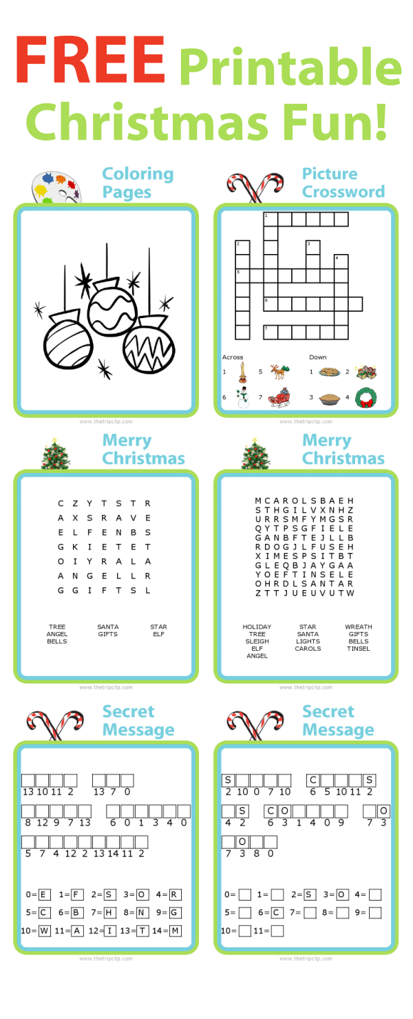 Christams activities including coloring, wordsearch, secret message, and crossword puzzles