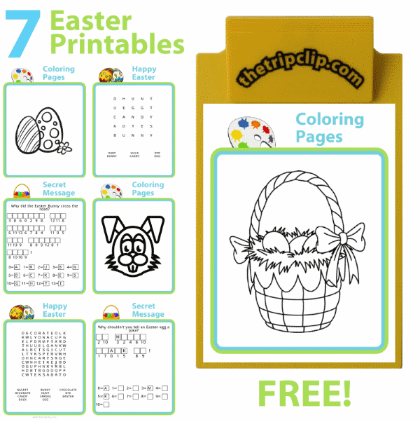 Easter activities including bingo, coloring, wordsearch, secret message, and crossword puzzles