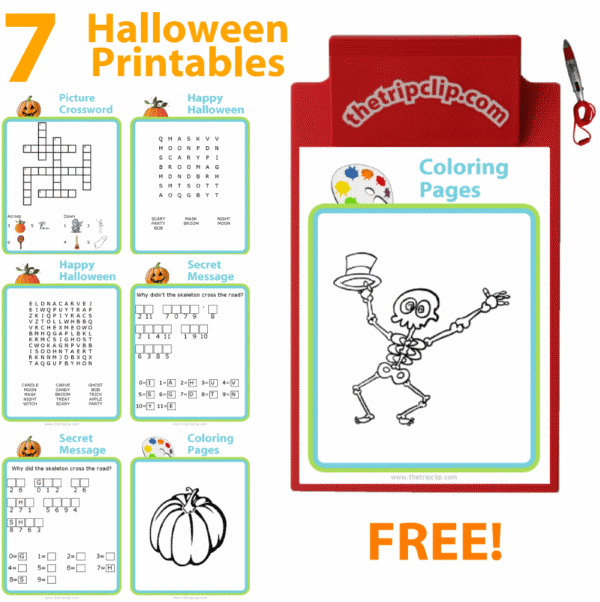 Halloween activities including bingo, coloring, wordsearch, secret message, and crossword puzzles