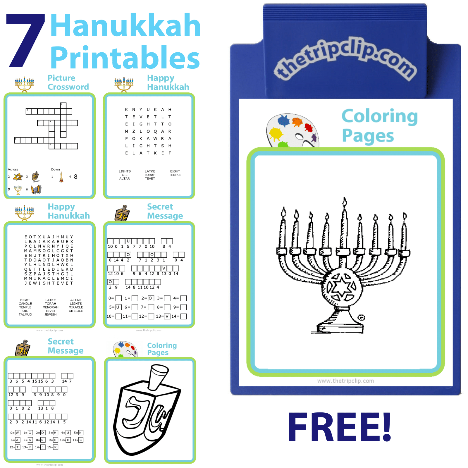 Hanukkah activities including bingo, coloring, wordsearch, secret message, and crossword puzzles