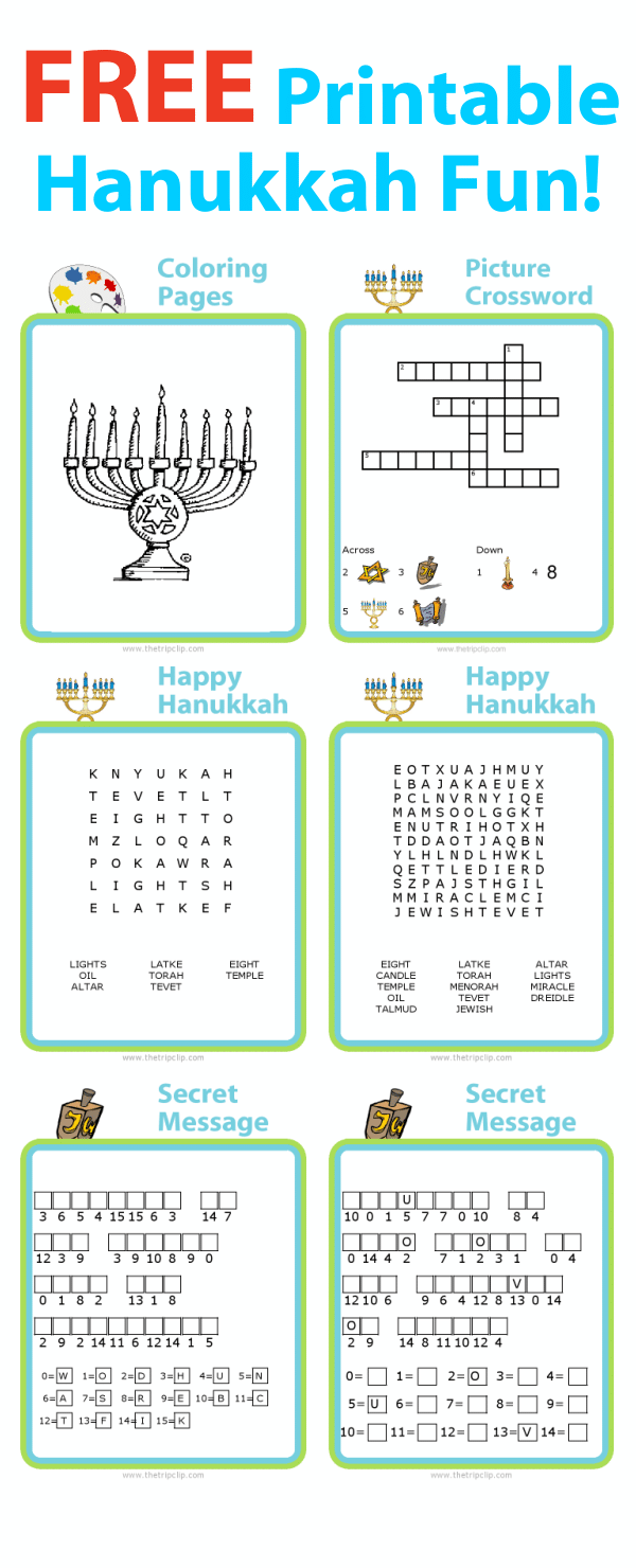 Hanukkah activities including bingo, coloring, wordsearch, secret message, and crossword puzzles