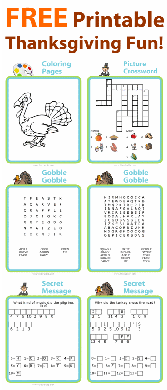 Thanksgiving activities including bingo, coloring, wordsearch, secret message, and crossword puzzles