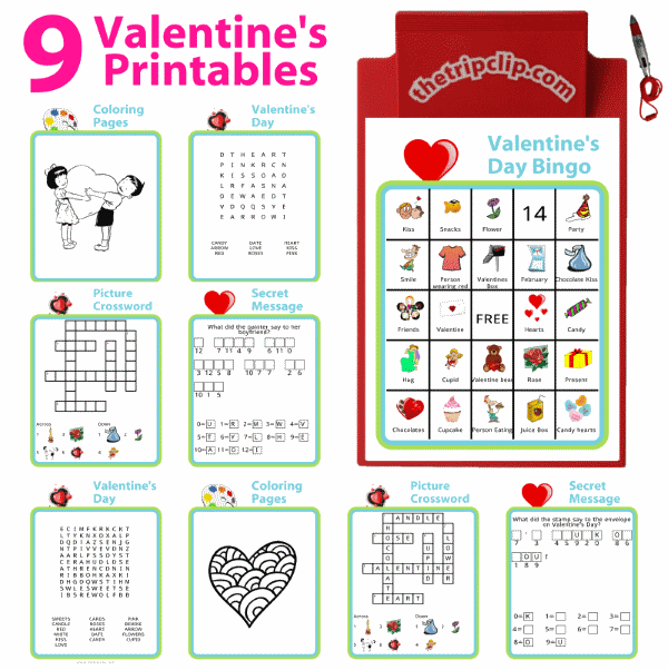 Valentine's Day activities like bingo, coloring, wordsearch, secret message, and crossword puzzles