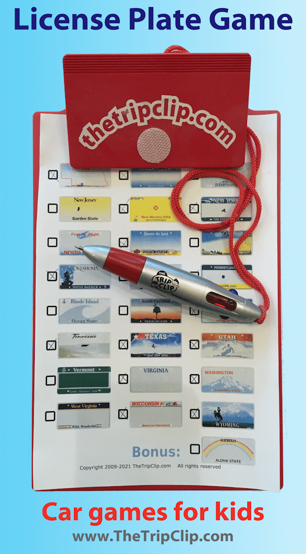 Kid-sized clipboard and pen with a sheet of paper showing state license plates with checkboxes