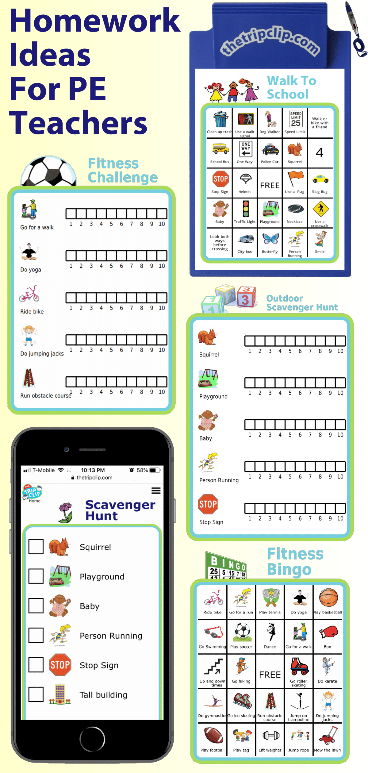 Fitness & walk to school BINGO boards, scavenger hunts and fitness challenge printable