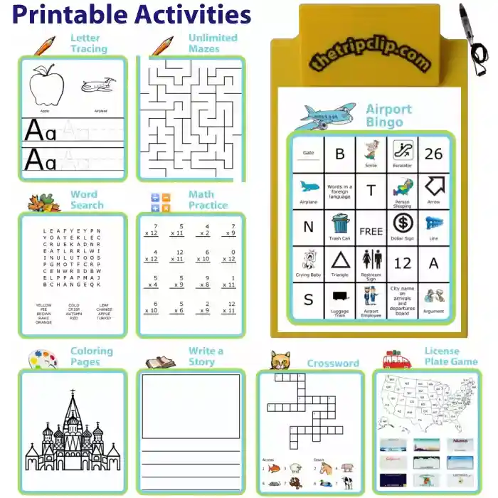 8 printable activities plus one more shown on a kid-sized clipboard