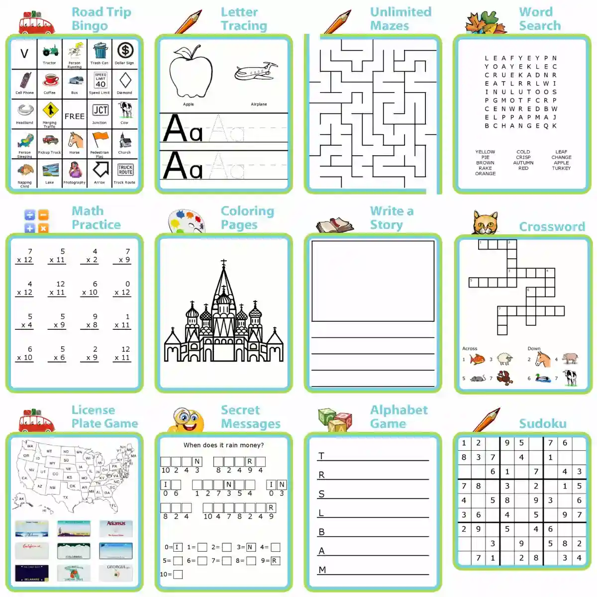 12 printable activities: bingo, letter tracing, mazes, word search, math practice, coloring, writing, crosswords, license plate game