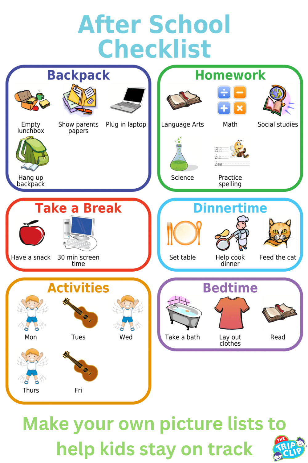 Picture checklist for after school sorted by category