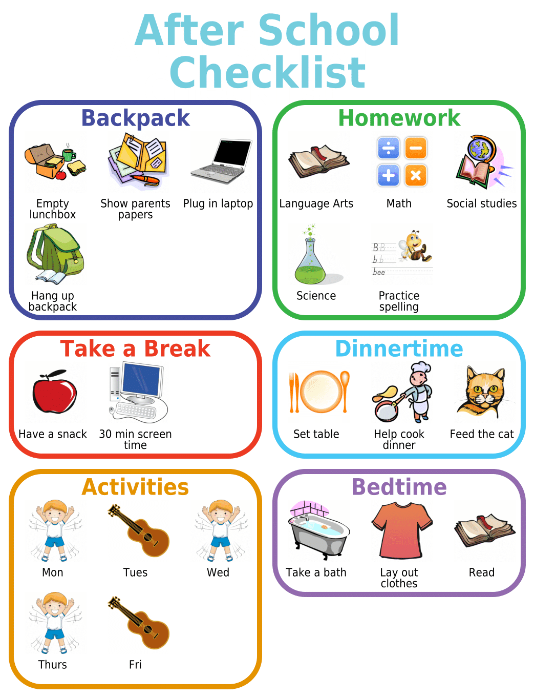 Picture checklist for after school sorted by category