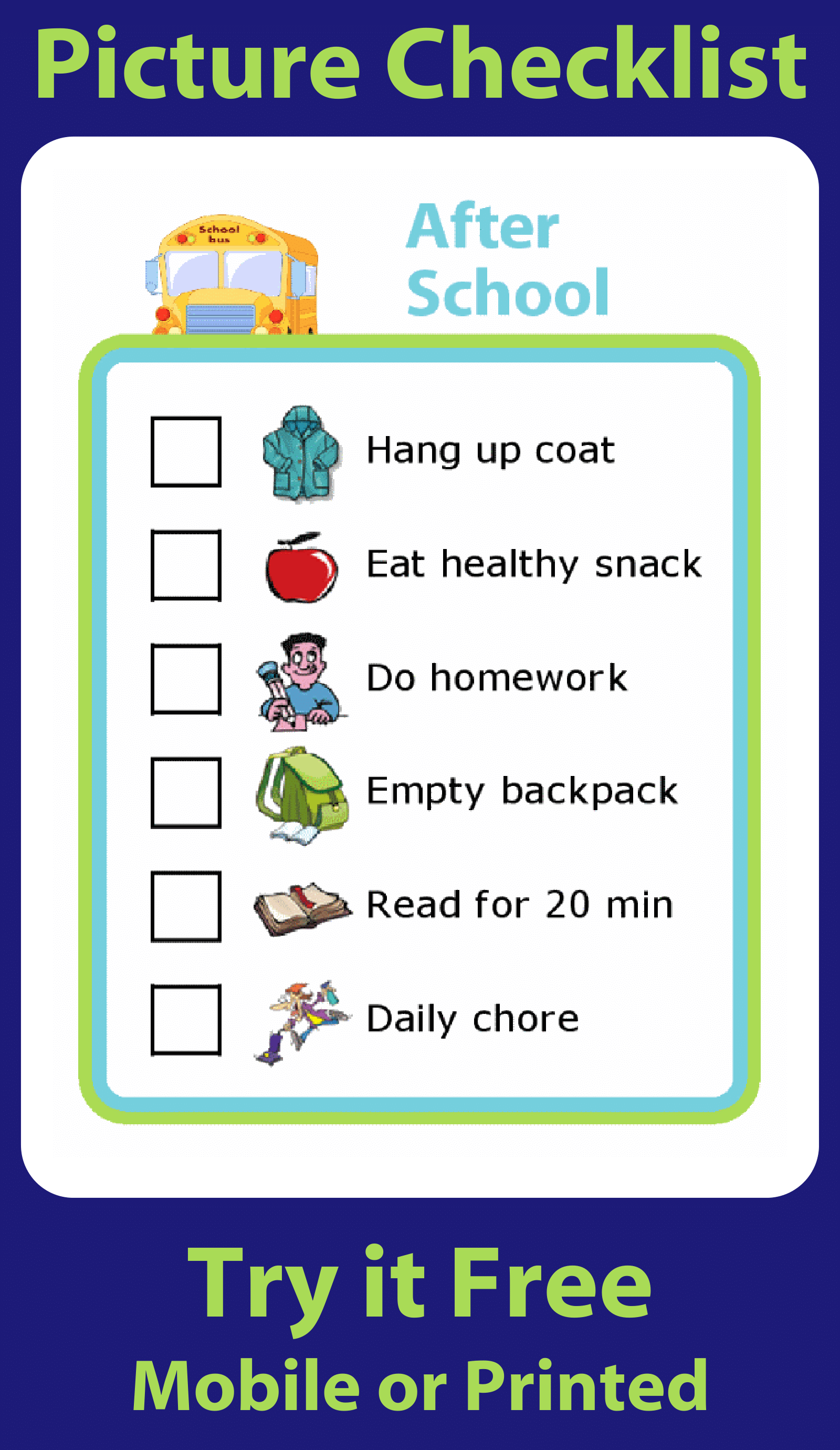 Picture checklist with clipart showing a daily after school checklist for kids