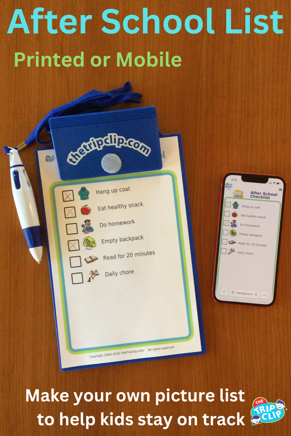 Picture checklist with clipart showing a daily after school checklist for kids, shown on clipboard and iPhone