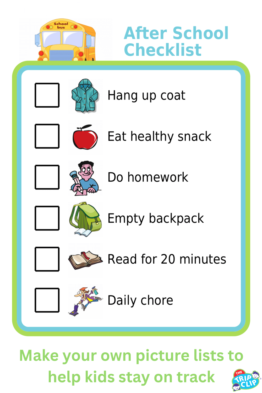 Picture checklist with clipart showing a daily after school checklist for kids