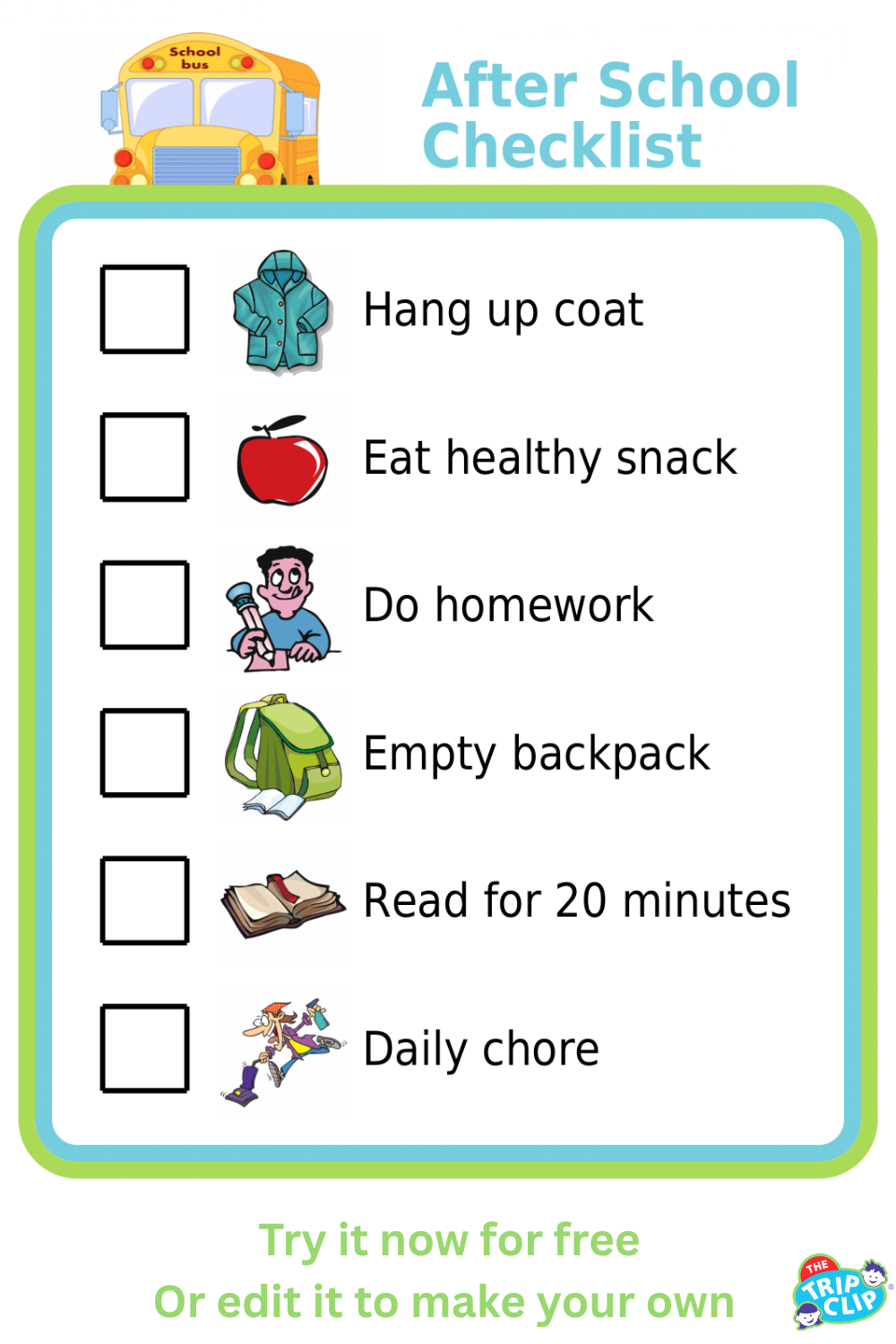 Picture checklist with clipart showing a daily after school checklist for kids