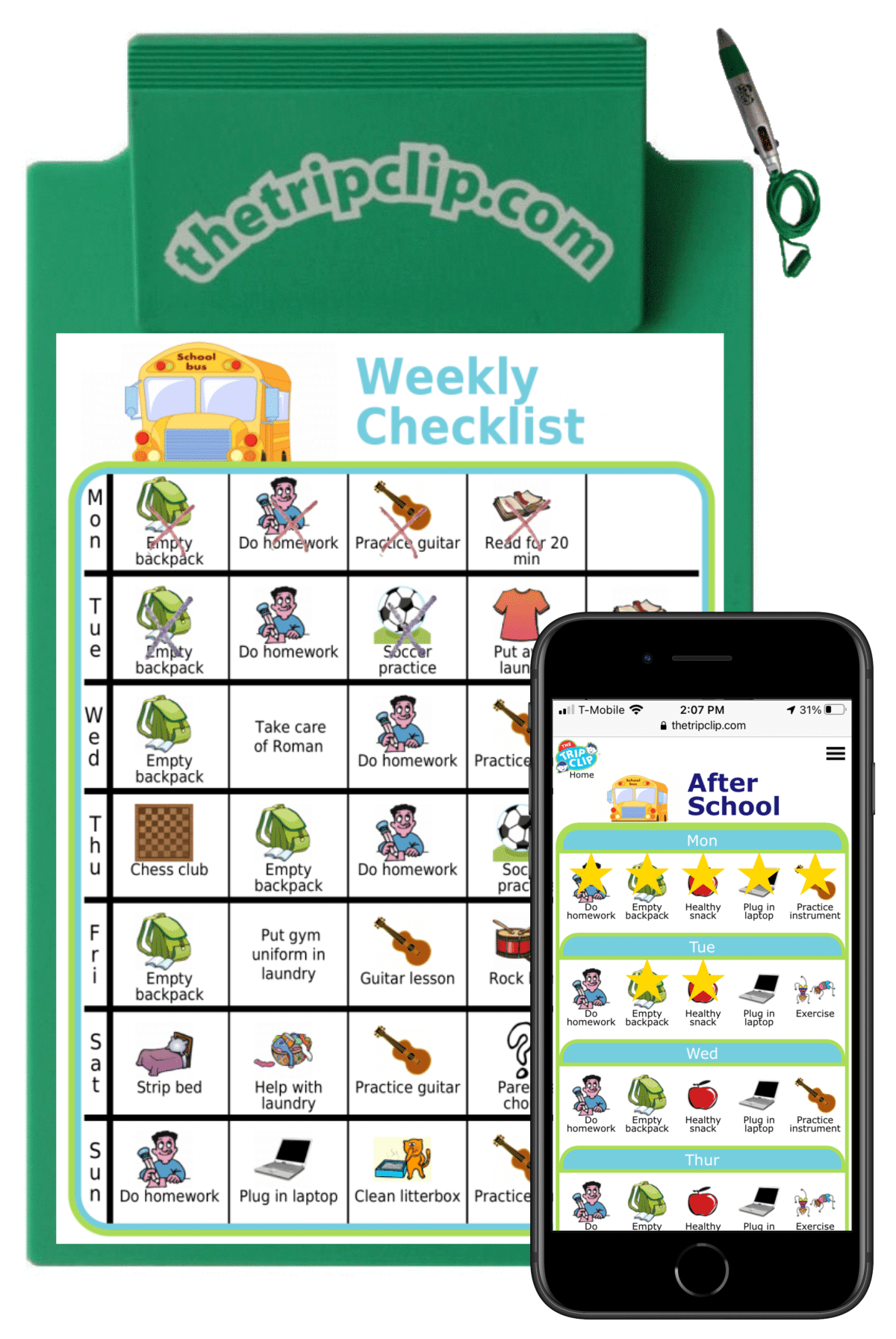Picture checklist with clipart showing a weekly after school checklist for kids