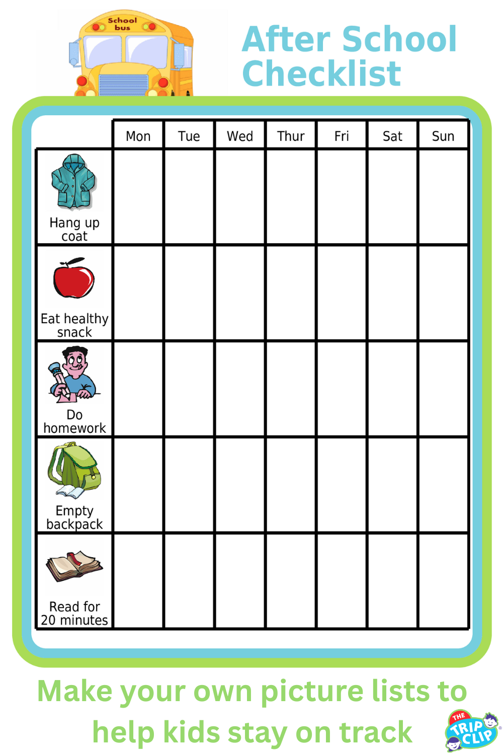 Picture checklist with clipart showing a weekly after school checklist for kids