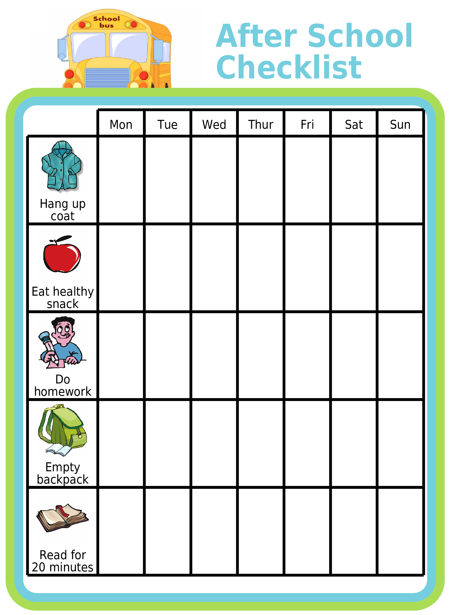 Picture checklist with clipart showing a weekly after school checklist for kids