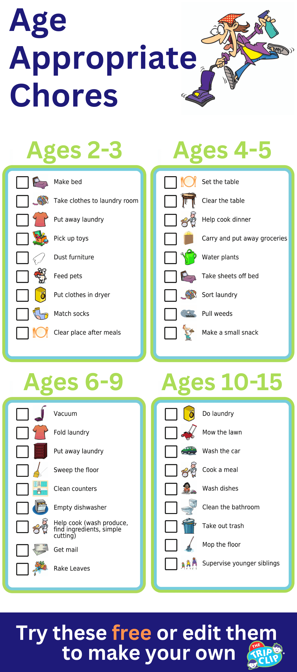 Picture checklists for chores separated by age of the child
