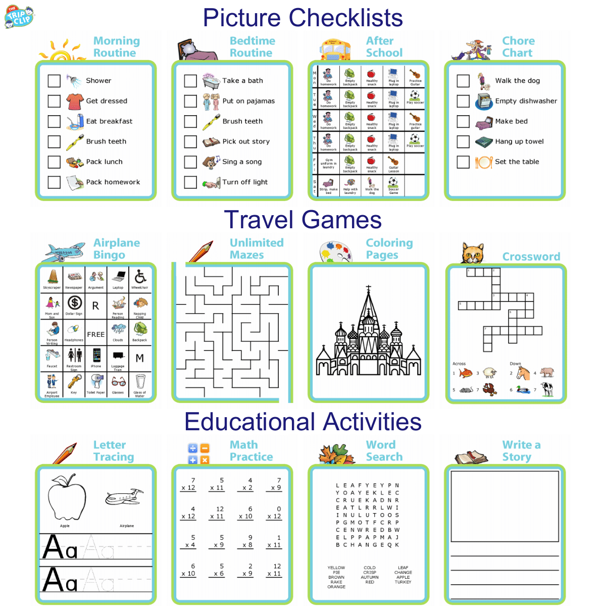 12 printable activities for kids: bingo, mazes, word search, coloring, crossword, license plate game, tic tac toe, cryptogram, alphabet game, drawing starters, battleship