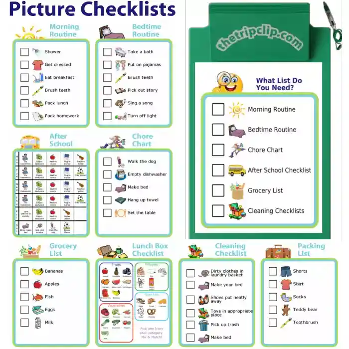 8 printable picture checklists plus one more shown on a kid-sized clipboard