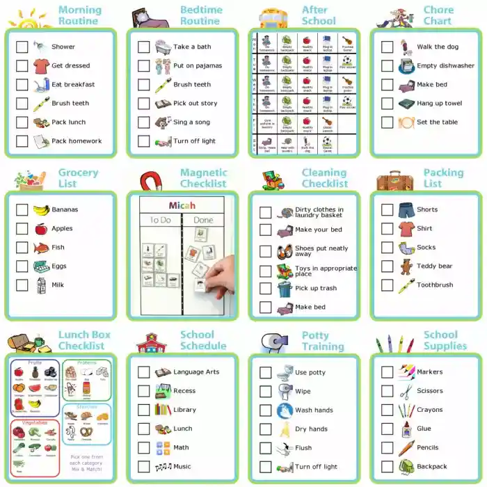 12 printable picture checklists: morning, bedtime, chores, after school, grocery list, cleaning checklist, and more