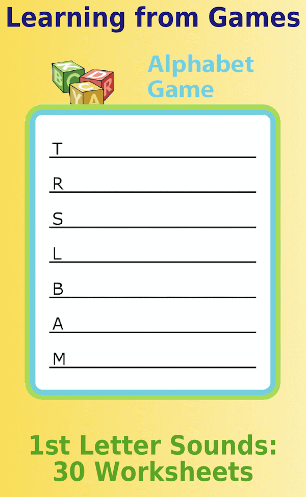 Alphabet game showing 7 letters followed by a blank line for kids to write on